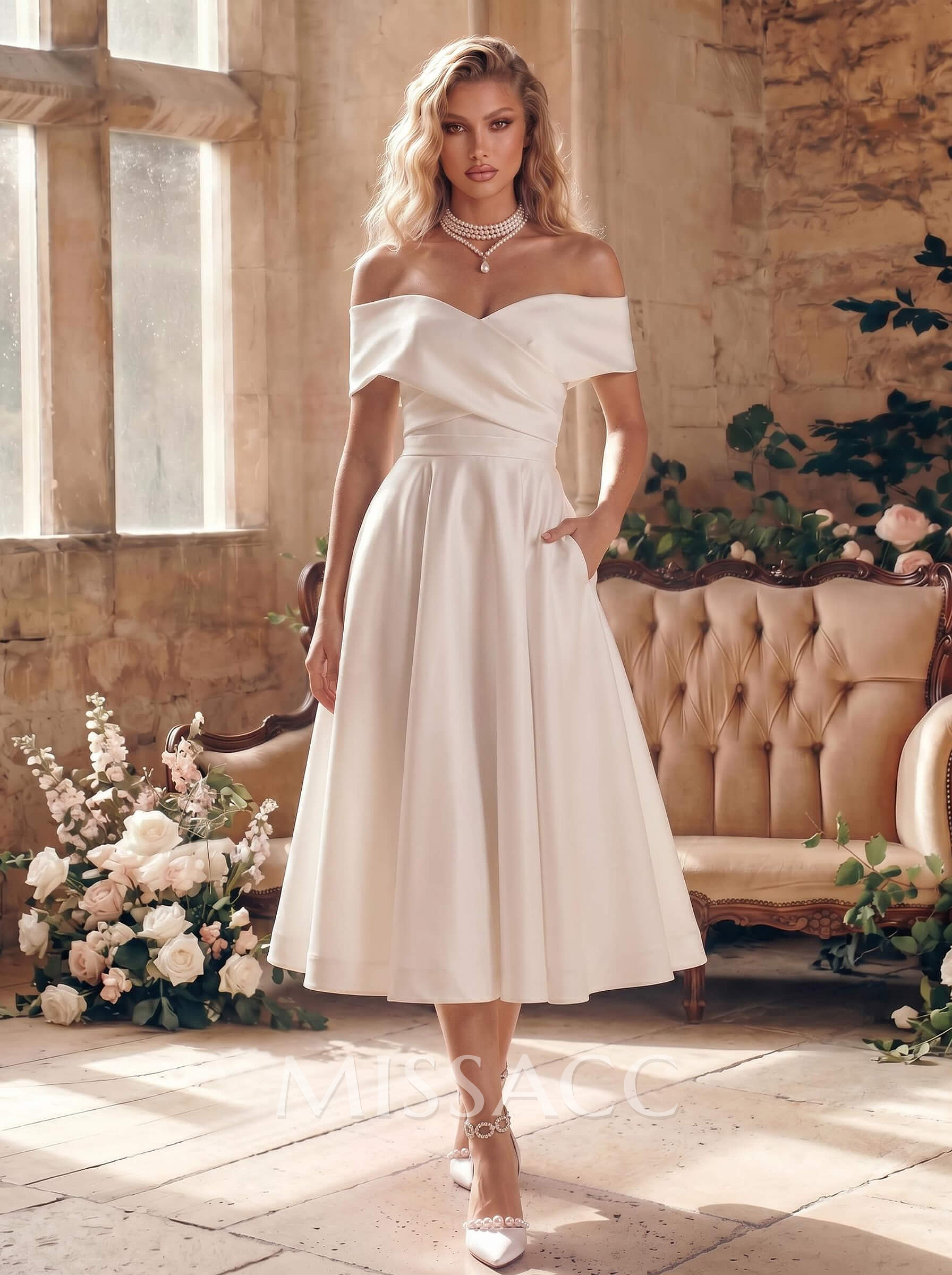 A-Line Off-The-Shoulder Sleeveless Satin Tea-Length Wedding Dress