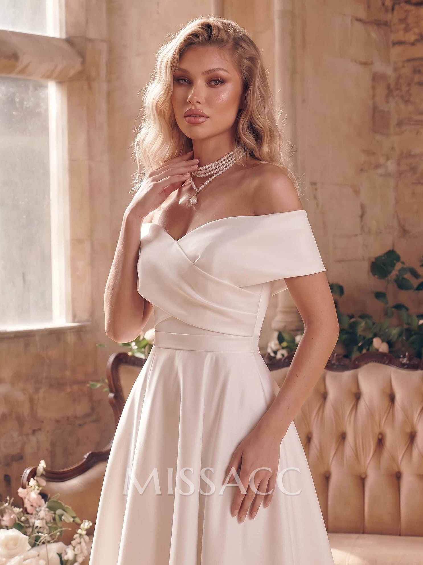A-Line Off-The-Shoulder Sleeveless Satin Tea-Length Wedding Dress A-Line Off-The-Shoulder Sleeveless Satin Tea-Length Wedding Dress