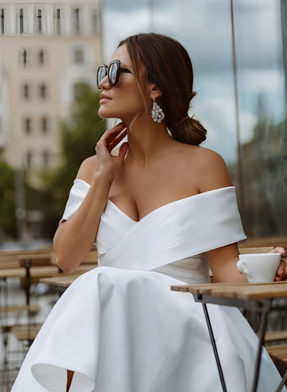A-Line Off-The-Shoulder Sleeveless Satin Tea-Length Wedding Dress
