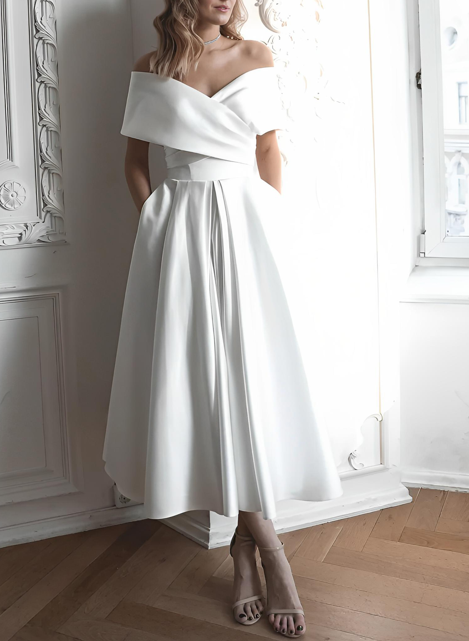 A-Line Off-The-Shoulder Sleeveless Satin Tea-Length Wedding Dress - Missacc