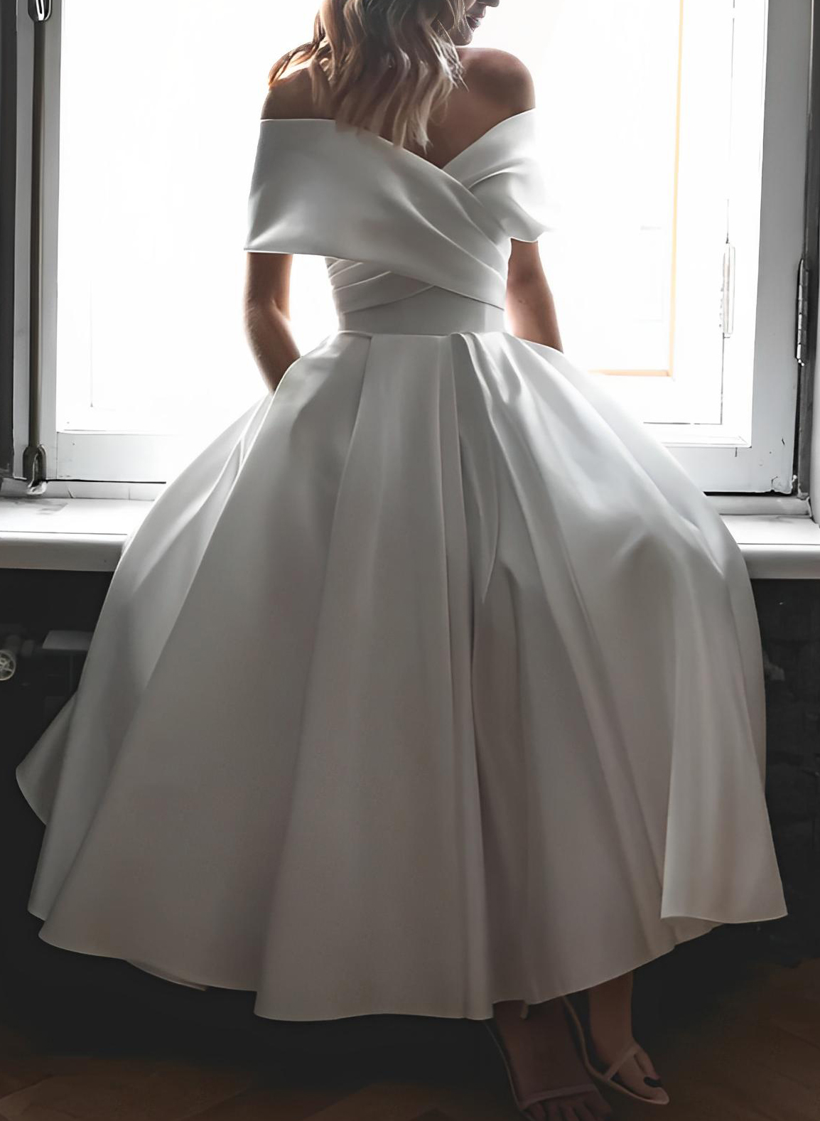 A-Line Off-The-Shoulder Sleeveless Satin Tea-Length Wedding Dress - Missacc