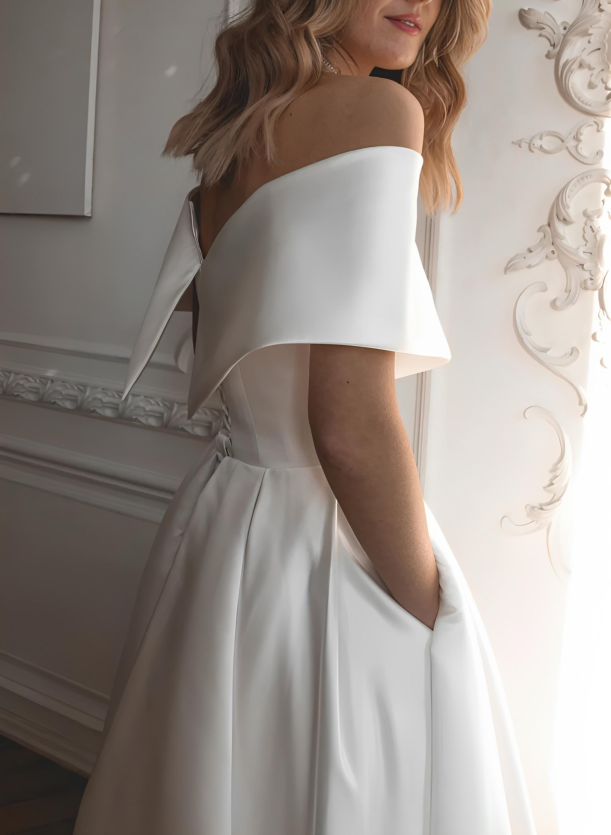 A-Line Off-The-Shoulder Sleeveless Satin Tea-Length Wedding Dress - Missacc