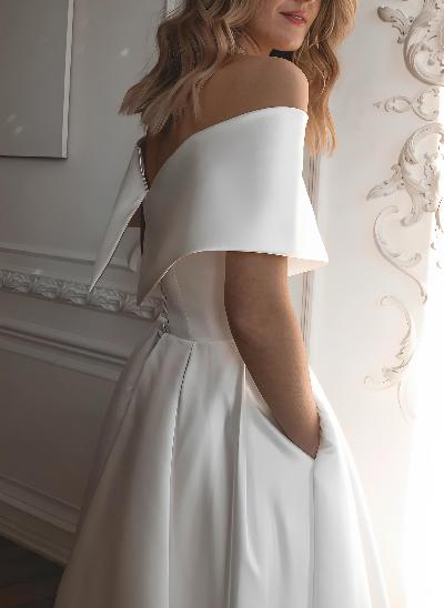 Minimalistic Ruched Off-The-Shoulder White Wedding Dress With Pockets