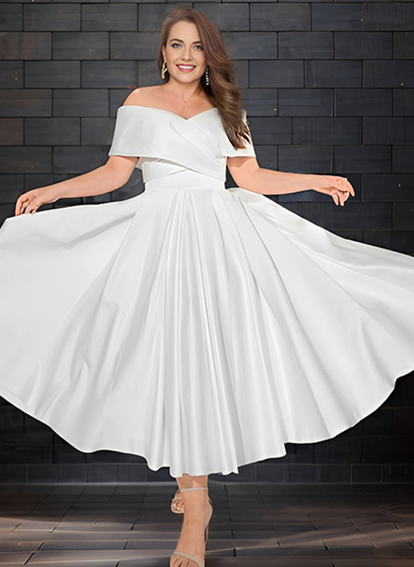 A-Line Off-The-Shoulder Sleeveless Satin Tea-Length Wedding Dress