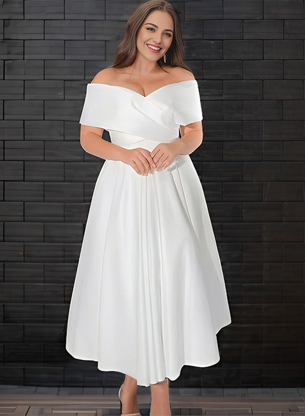 A-Ligne Off-The-Shoulder Sans Manches Satin Tea-Length Wedding Dress