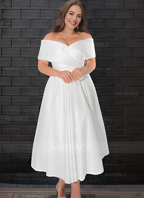 A-Line Off-The-Shoulder Sleeveless Satin Tea-Length Wedding Dress