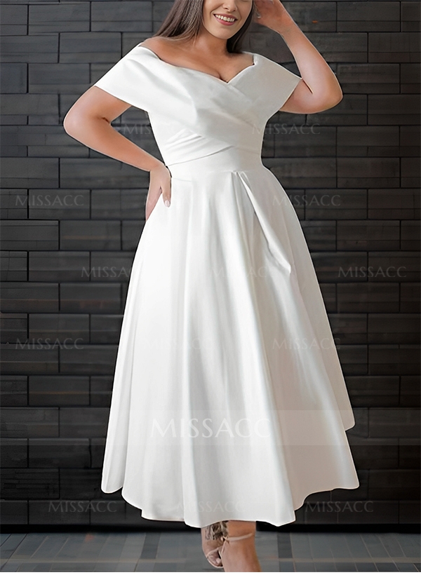 A-Line Off-The-Shoulder Sleeveless Satin Tea-Length Wedding Dress