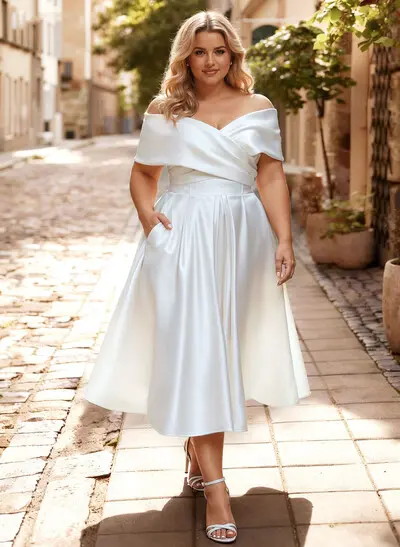 Minimalistic Ruched Off-The-Shoulder White Wedding Dress With Pockets