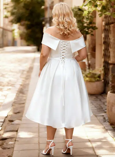 Minimalistic Ruched Off-The-Shoulder White Wedding Dress With Pockets