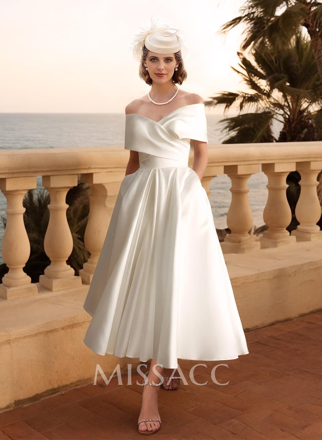 Minimalistic Ruched Off-The-Shoulder White Wedding Dress With Pockets