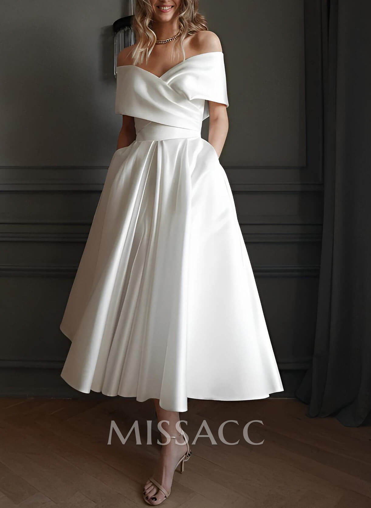 Minimalistic Ruched Off-The-Shoulder White Wedding Dress With Pockets