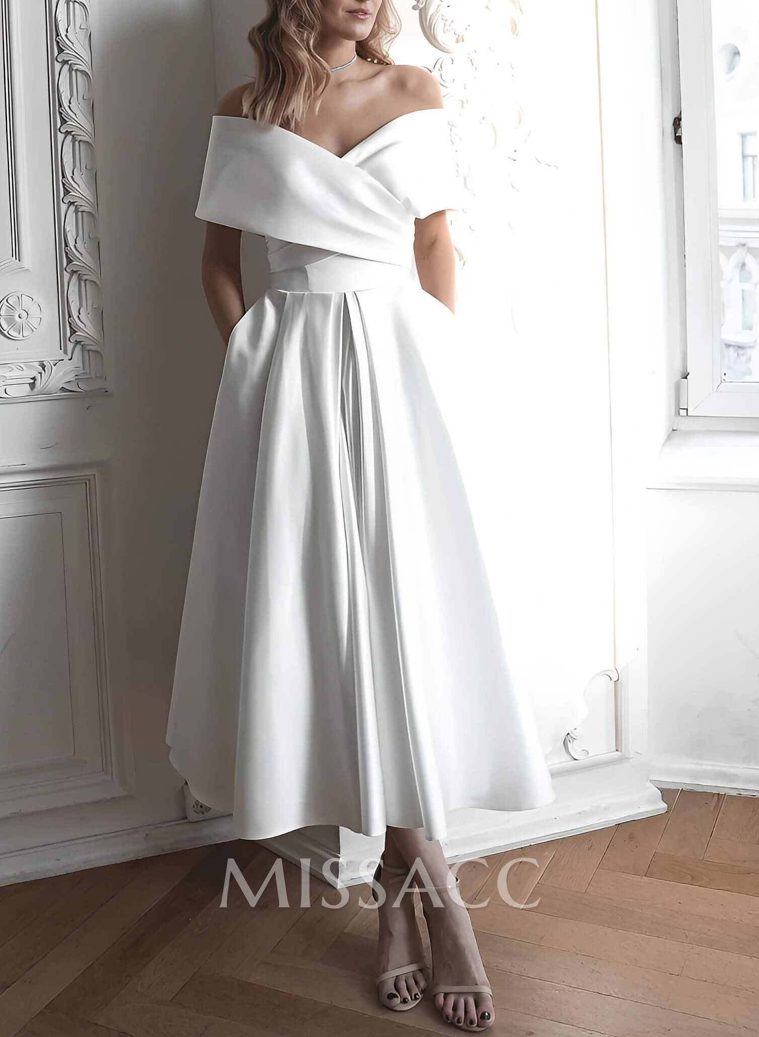 Minimalistic Ruched Off-The-Shoulder White Wedding Dress With Pockets