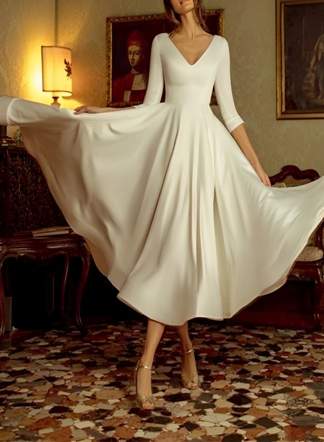 A-Line V-Neck 3/4 Sleeves Satin Tea-Length Wedding Dress