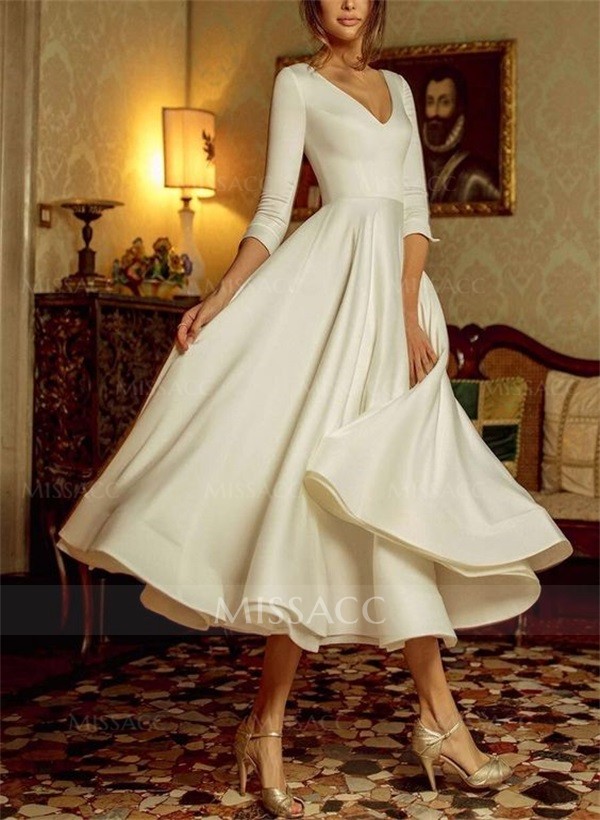 A-Line V-Neck 3/4 Sleeves Matte Satin Tea-Length Wedding Dress