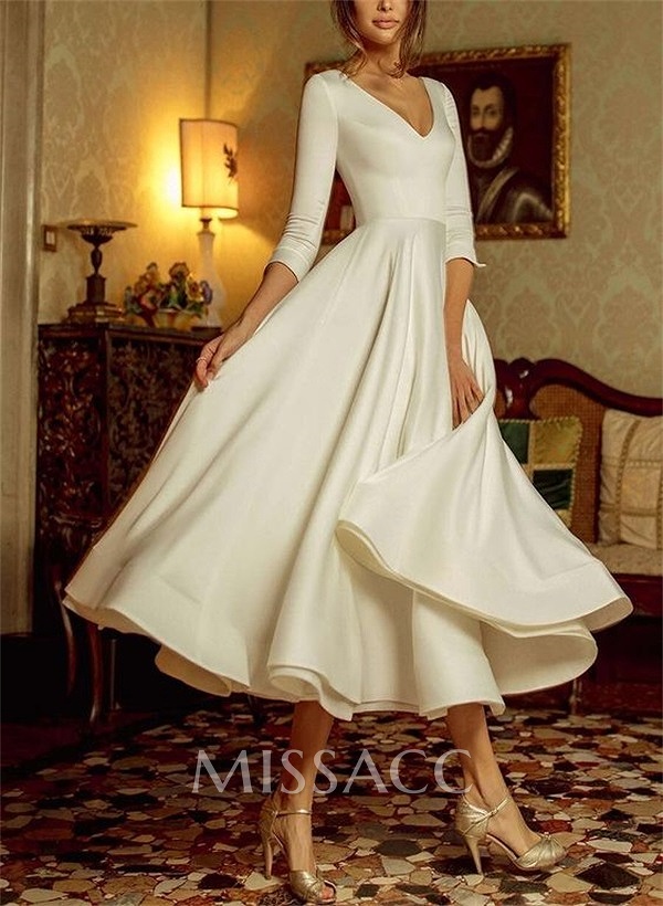 A-Line V-Neck 3/4 Sleeves Matte Satin Tea-Length Wedding Dress A-Line V-Neck 3/4 Sleeves Matte Satin Tea-Length Wedding Dress
