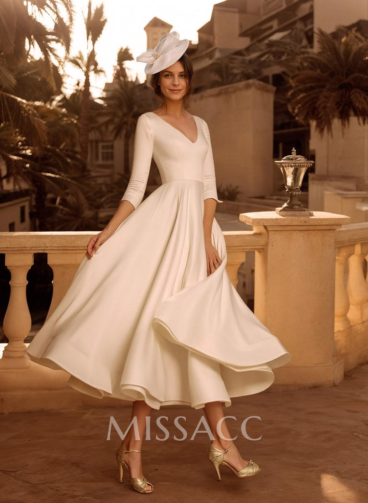 A-Line V-Neck 3/4 Sleeves Matte Satin Tea-Length Wedding Dress A-Line V-Neck 3/4 Sleeves Matte Satin Tea-Length Wedding Dress