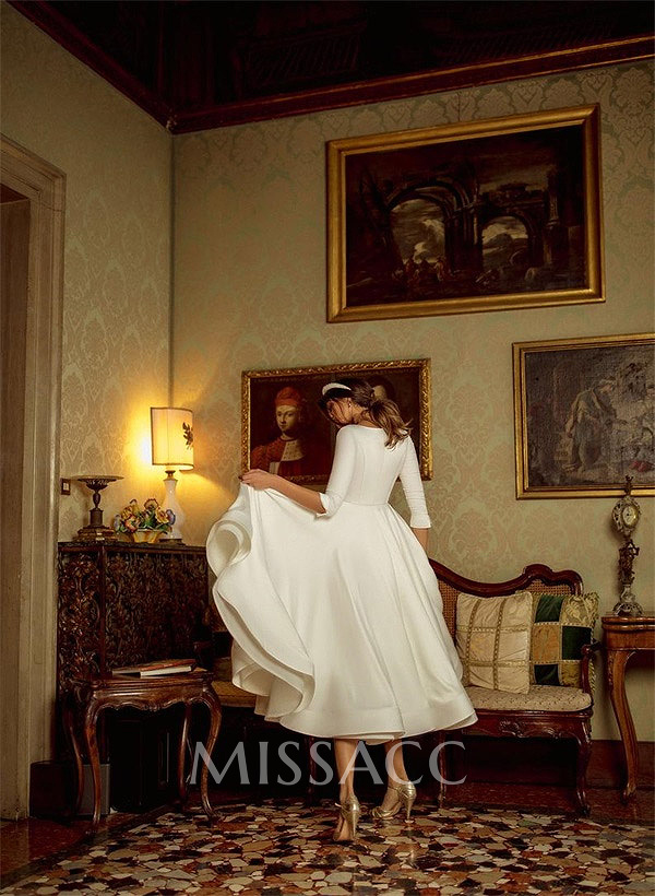 A-Line V-Neck 3/4 Sleeves Matte Satin Tea-Length Wedding Dress A-Line V-Neck 3/4 Sleeves Matte Satin Tea-Length Wedding Dress
