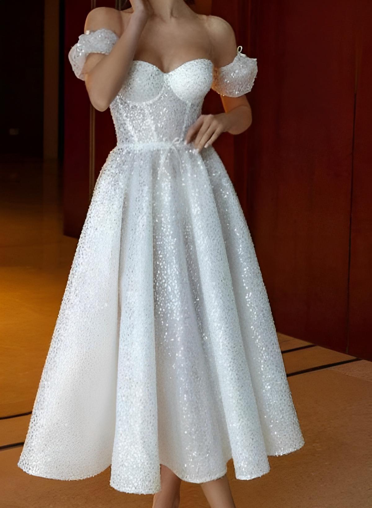 Sequin A-Line Sweetheart Tea-Length Wedding Dress With Short Sleeves