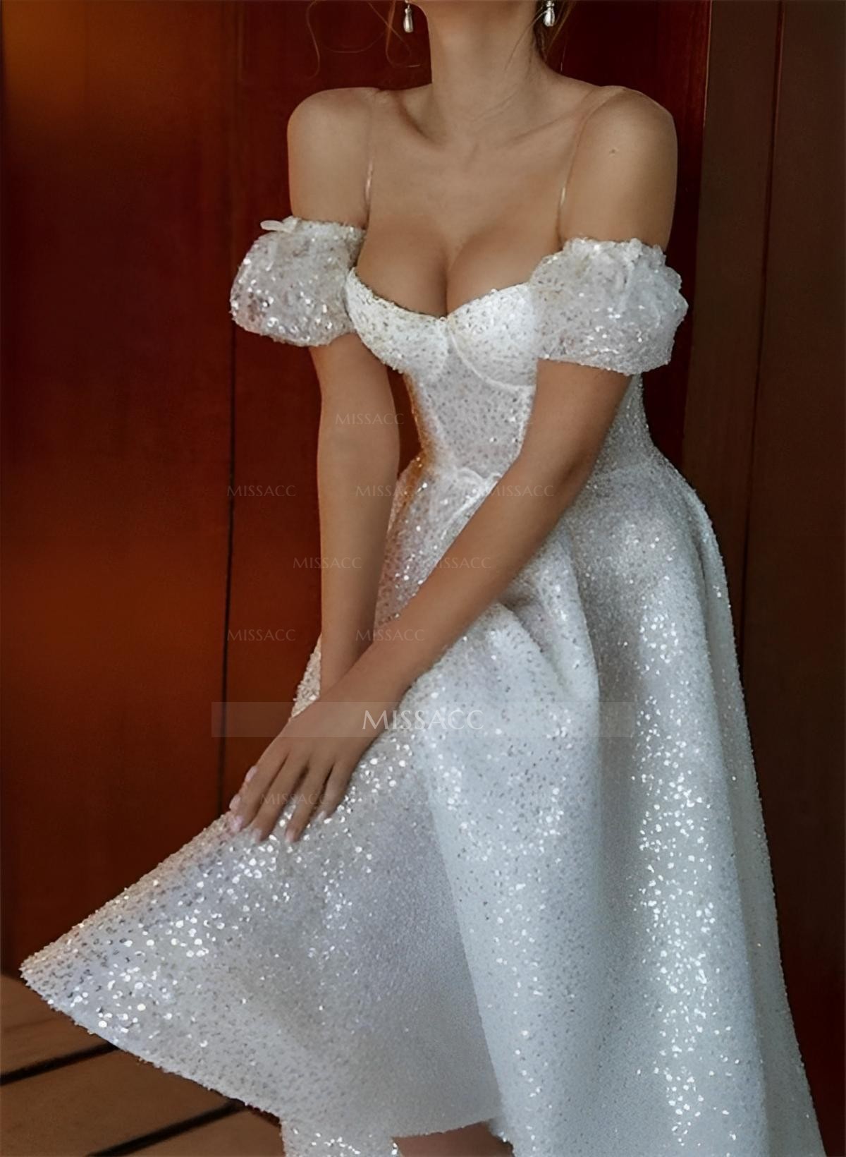 Sequin A-Line Sweetheart Tea-Length Wedding Dress With Short Sleeves