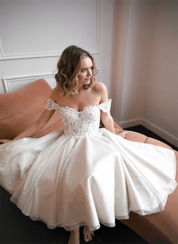 A-Line Off-The-Shoulder Sleeveless Lace Sequined Tea-Length Wedding Dress