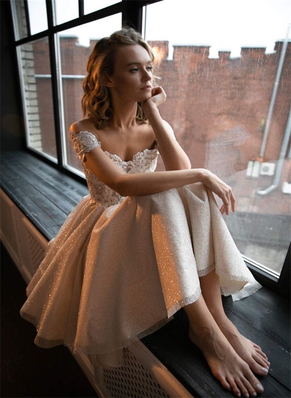 A-Line Off-The-Shoulder Sleeveless Lace Sequined Tea-Length Wedding Dress
