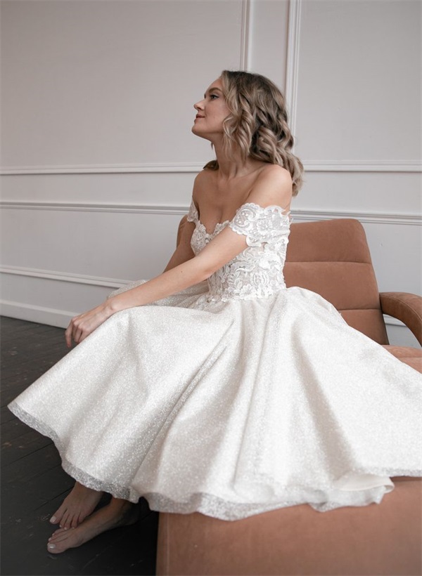A-Line Off-The-Shoulder Sleeveless Lace Sequined Tea-Length Wedding Dress