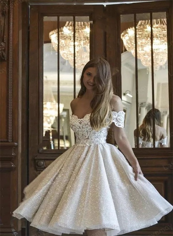 A-Line Off-The-Shoulder Sleeveless Lace Sequined Tea-Length Wedding Dress