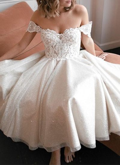 A-Line Off-The-Shoulder Sleeveless Lace Sequined Tea-Length Wedding Dress