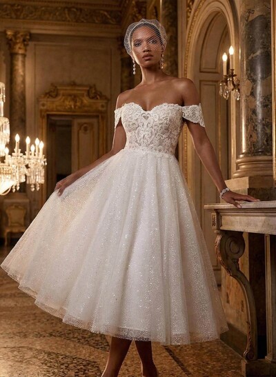 A-Line Off-The-Shoulder Sleeveless Lace Sequined Tea-Length Wedding Dress