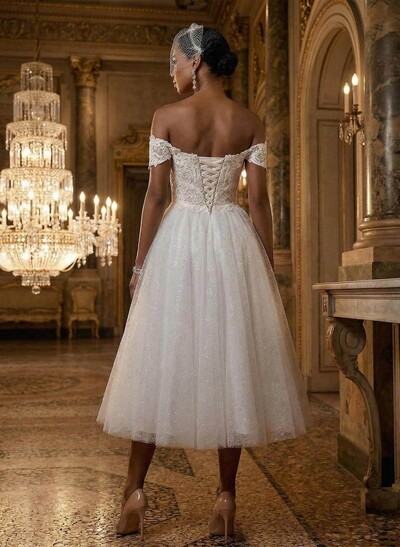 A-Line Off-The-Shoulder Sleeveless Lace Sequined Tea-Length Wedding Dress