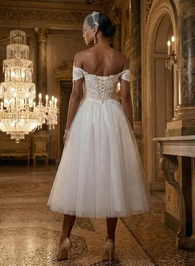 A-Line Off-The-Shoulder Sleeveless Lace Sequined Tea-Length Wedding Dress