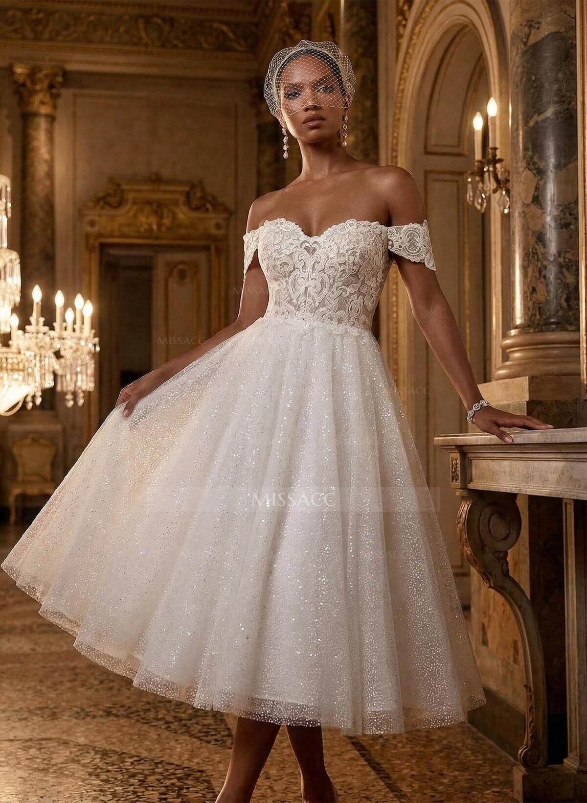 A-Line Off-The-Shoulder Sleeveless Lace Sequined Tea-Length Wedding Dress