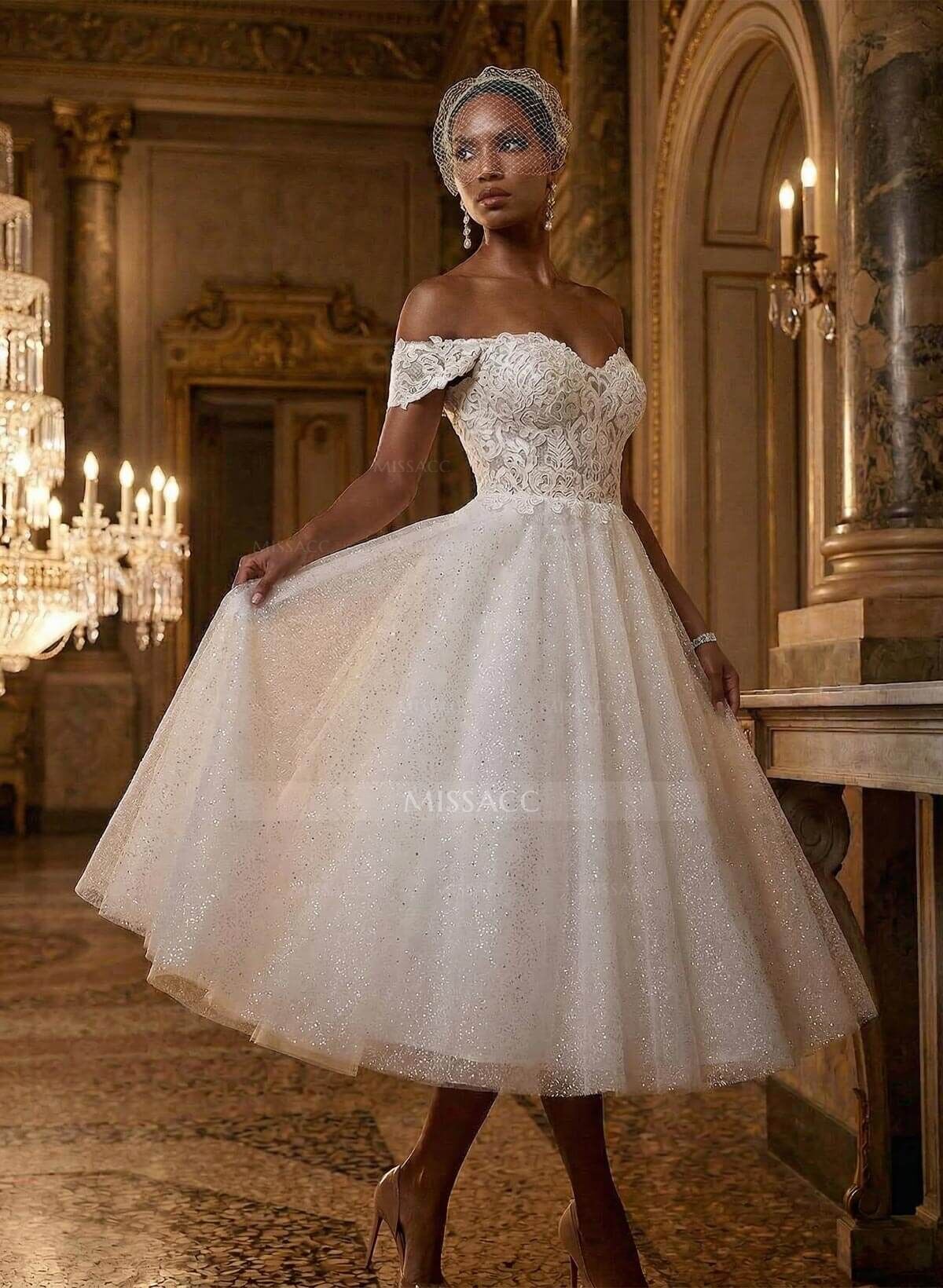 A-Line Off-The-Shoulder Sleeveless Lace Sequined Tea-Length Wedding Dress