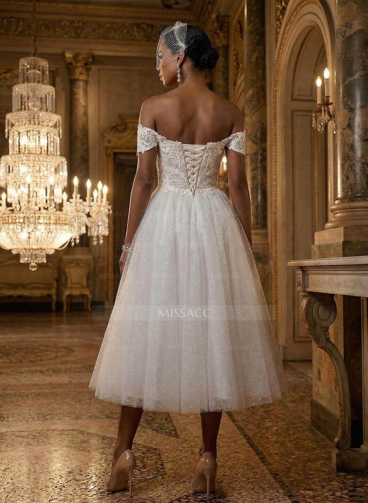 A-Line Off-The-Shoulder Sleeveless Lace Sequined Tea-Length Wedding Dress