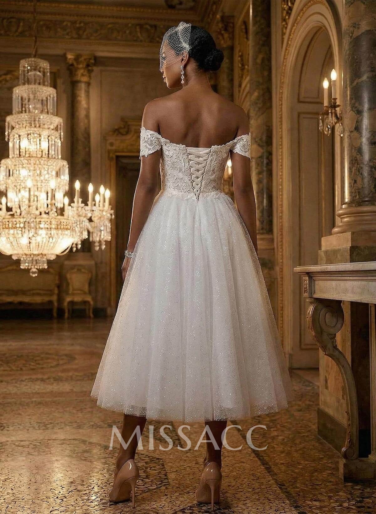 A-Line Off-The-Shoulder Sleeveless Lace Sequined Tea-Length Wedding Dress A-Line Off-The-Shoulder Sleeveless Lace Sequined Tea-Length Wedding Dress
