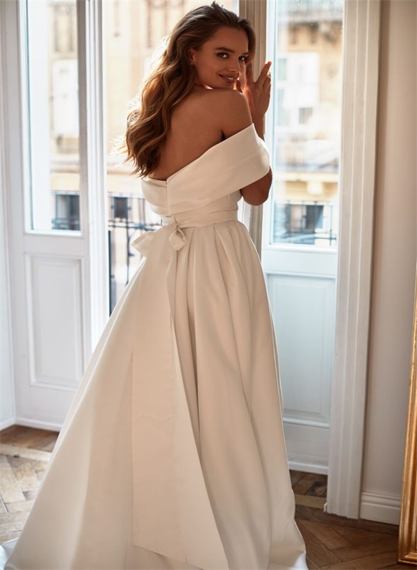 A-Line Off-the-Shoulder Sleeveless Satin Court Train Wedding Dress 