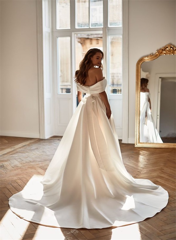 A-Line Off-the-Shoulder Sleeveless Satin Court Train Wedding Dress 