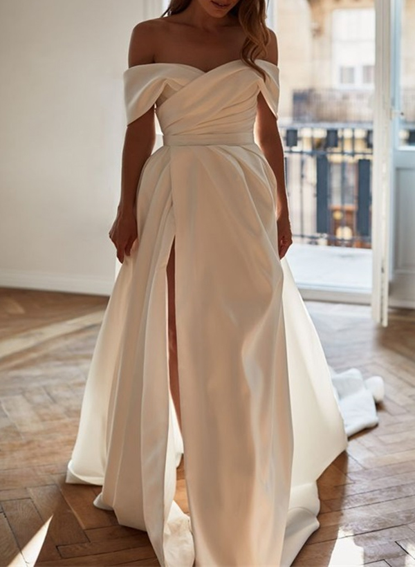 A-Line Off-The-Shoulder Sleeveless Satin Court Train Wedding Dress