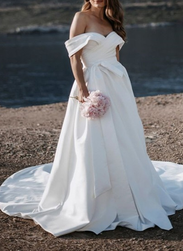 A-Line Off-The-Shoulder Sleeveless Satin Court Train Wedding Dress
