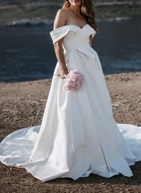 satin a line off the shoulder wedding dress A-line Princess Off-the-Shoulder Sweep Train Satin Wedding Dress - Wedding  Dresses
