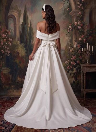 A-Line Off-The-Shoulder Sleeveless Satin Court Train Wedding Dress