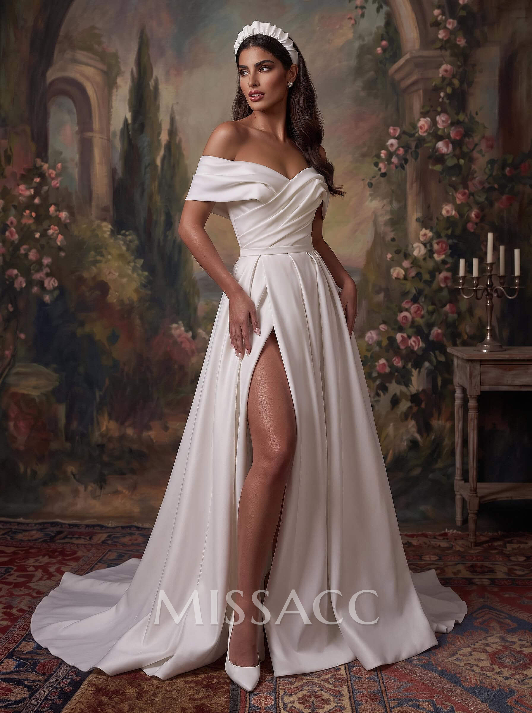 A-Line Off-The-Shoulder Sleeveless Satin Court Train Wedding Dress