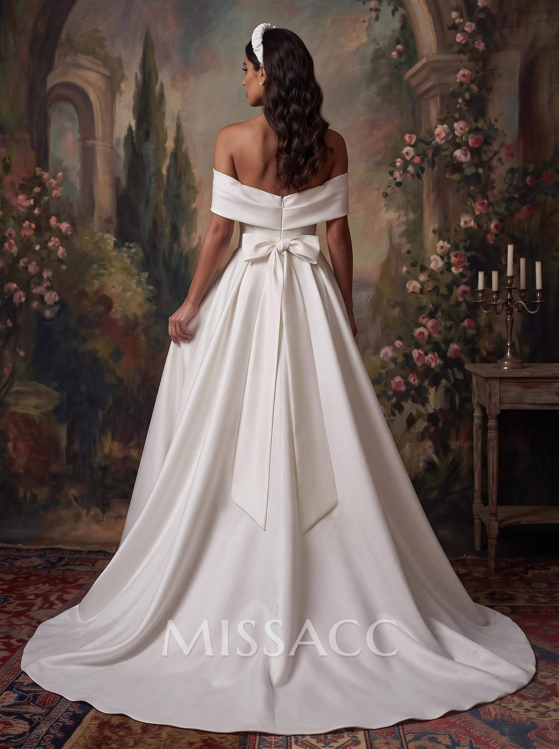 A-Line Off-The-Shoulder Sleeveless Satin Court Train Wedding Dress
