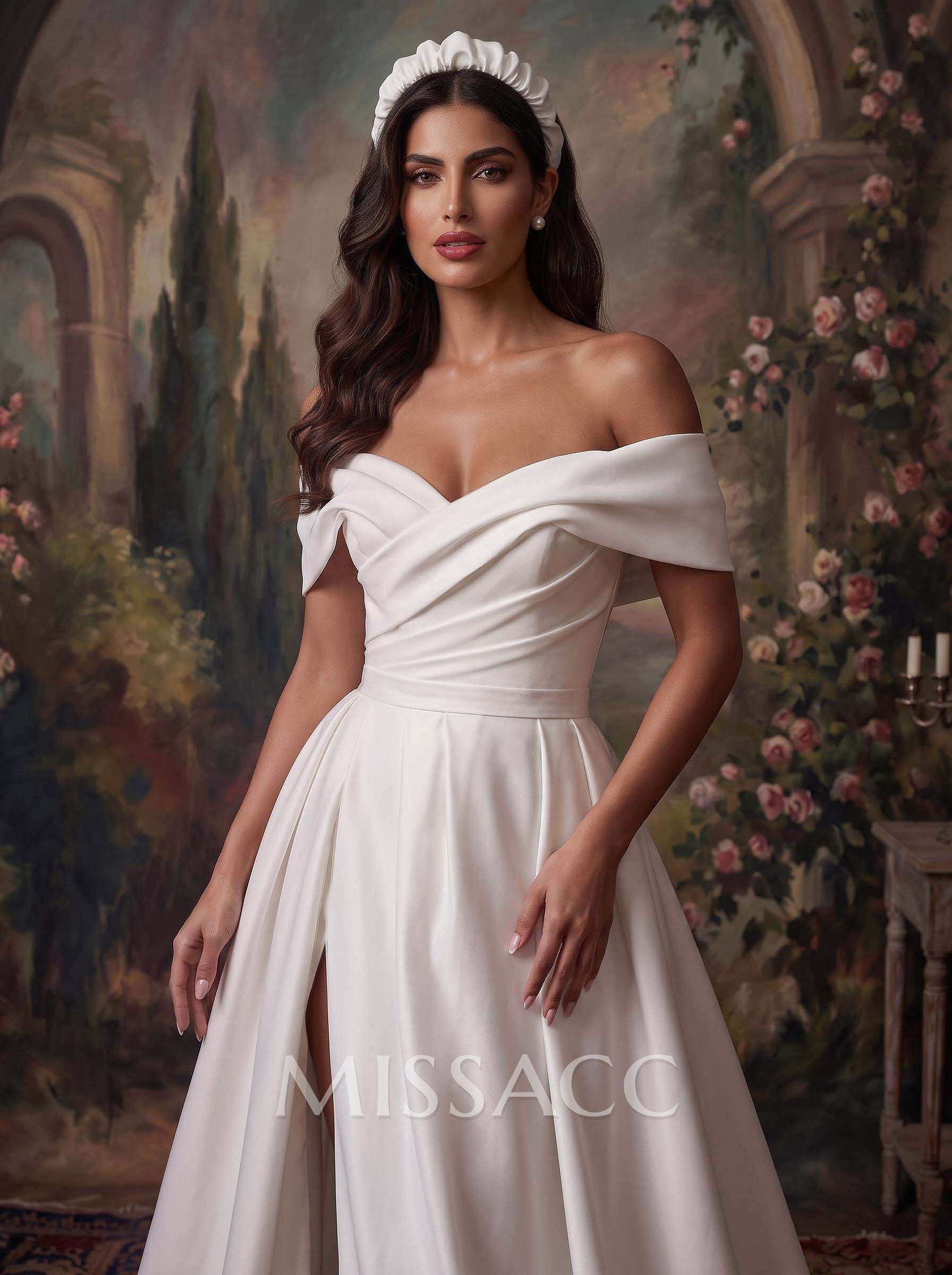 A-Line Off-The-Shoulder Sleeveless Satin Court Train Wedding Dress