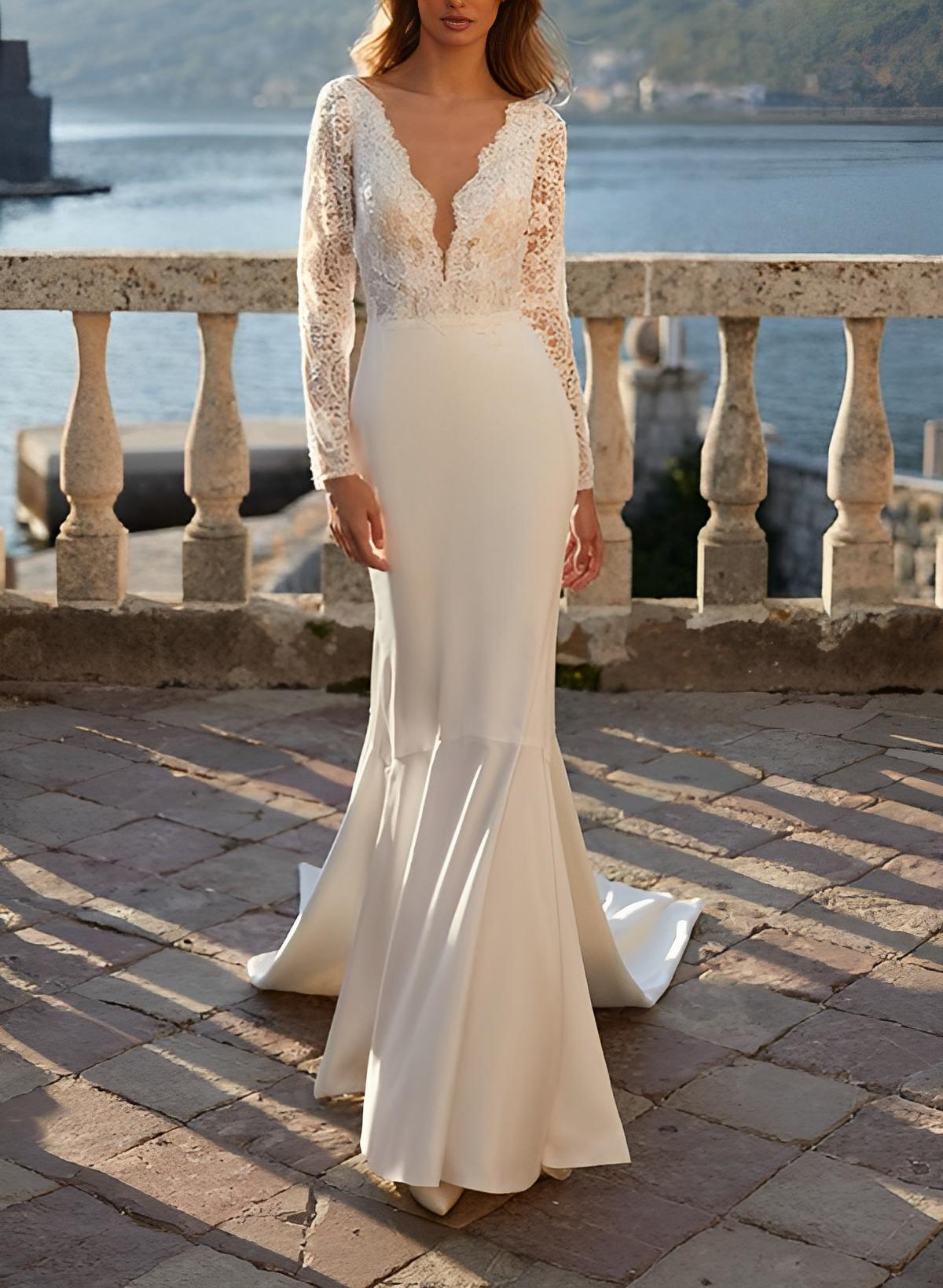 Trumpet/Mermaid V-Neck Long Sleeves Satin Lace Sweep Train Wedding Dress