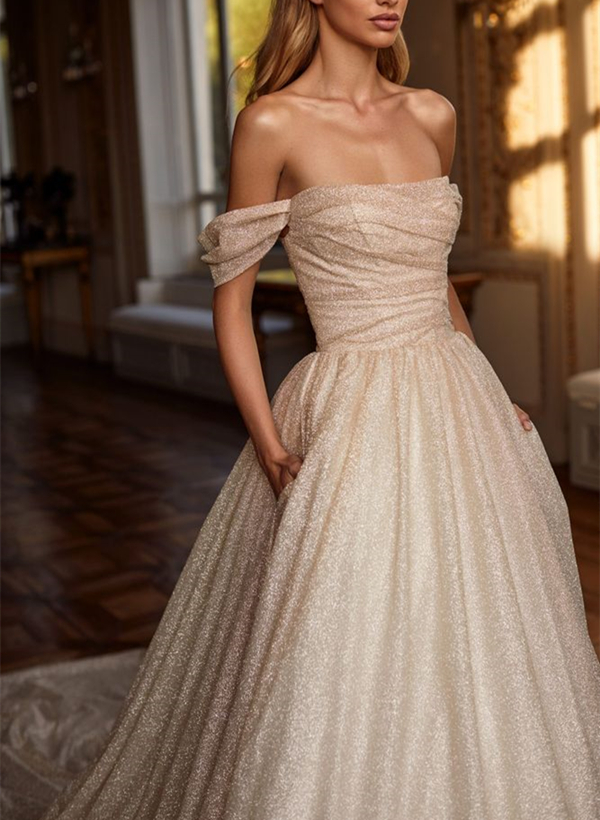 Ball-Gown Off-the-Shoulder Sleeveless Sequined Court Train Wedding Dress 
