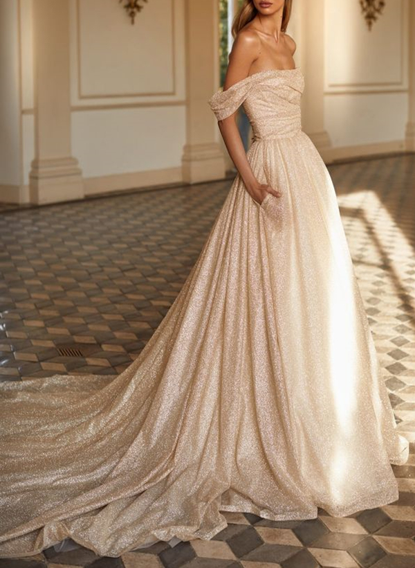 Ball-Gown Off-the-Shoulder Sleeveless Sequined Court Train Wedding Dress 