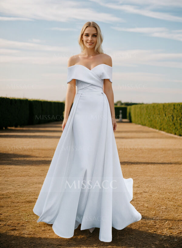 Off-The-Shoulder Boho Reception Wedding Dress With Satin Sweep Train