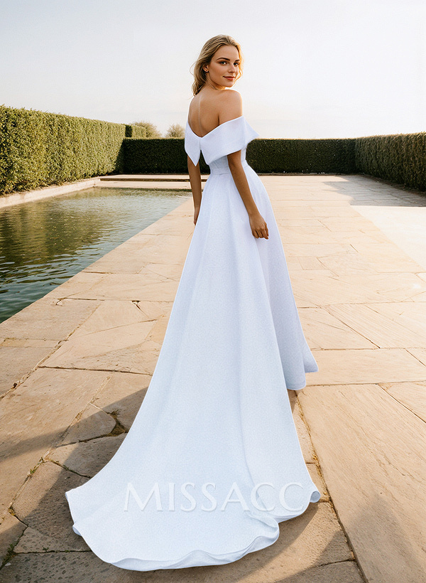 Off-The-Shoulder Boho Reception Wedding Dress With Satin Sweep Train