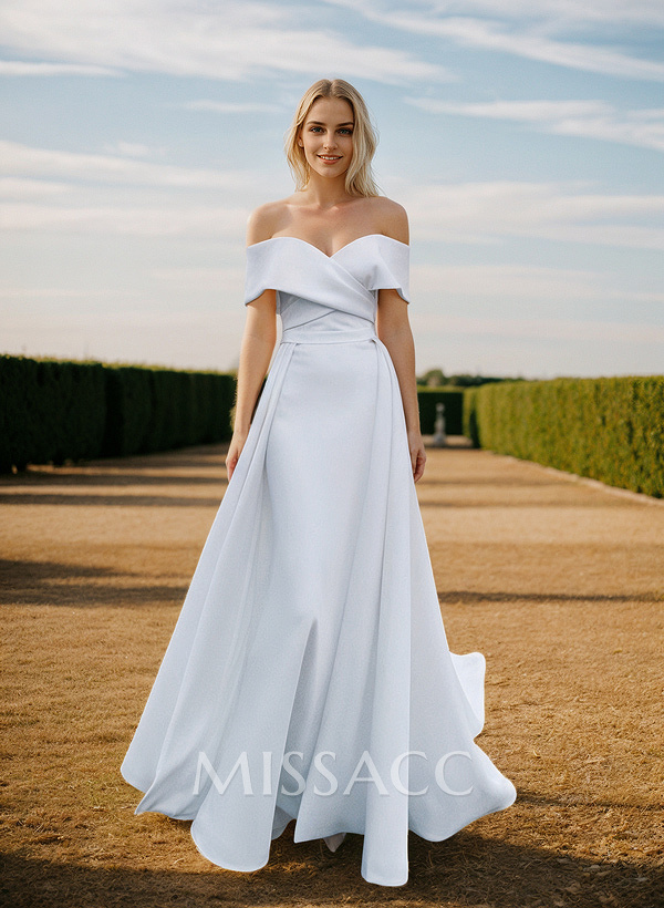 Off-The-Shoulder Boho Reception Wedding Dress With Satin Sweep Train